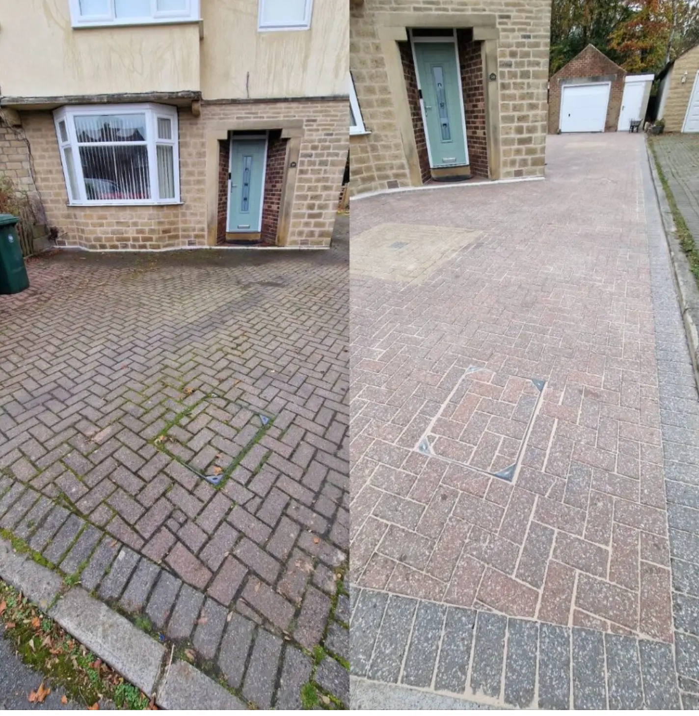 Before and after of a herringbone block driveway with weeds and moss removed