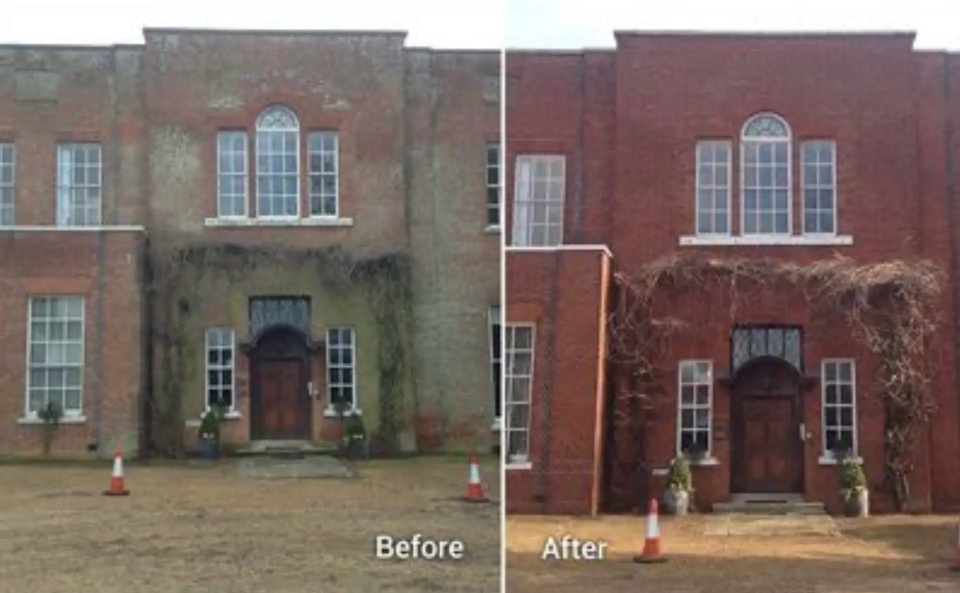 Before and after of a large brick country house facade cleaned
