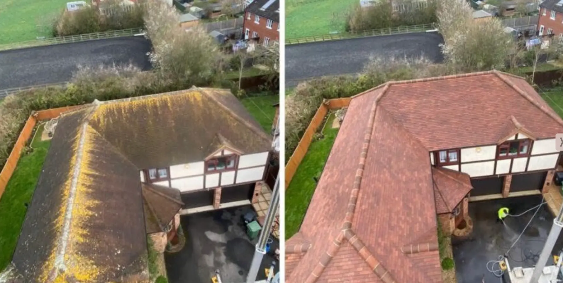Aerial before and after of a moss-covered tiled roof restored to clean red tiles
